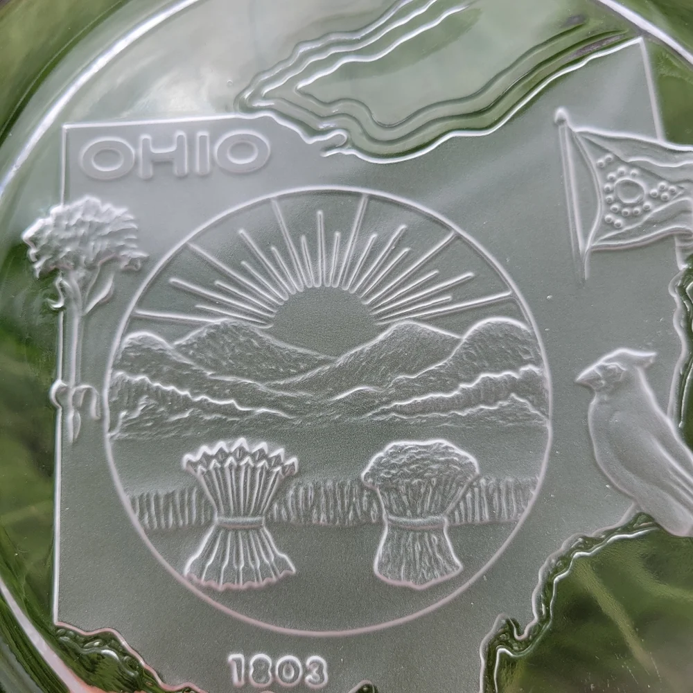 Ohio Souvenir Glass Plate ~ Frosted Floral Rim ~ Ohio Seal, Bird, Flag ~ FINAL!